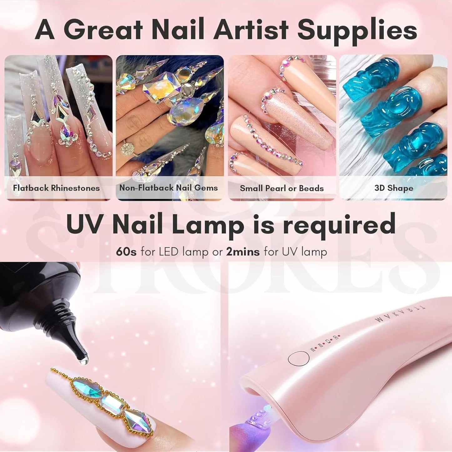 THR3E STROKES Nail Rhinestone Glue for Nails, Super Strong Gel Nail Glue for Nail Charm 3D Nails Bling Gel for Decoration Gem Nail Art Jewel Diamonds 15ML Cured Need Beauty Gift (UV REQUIRED)