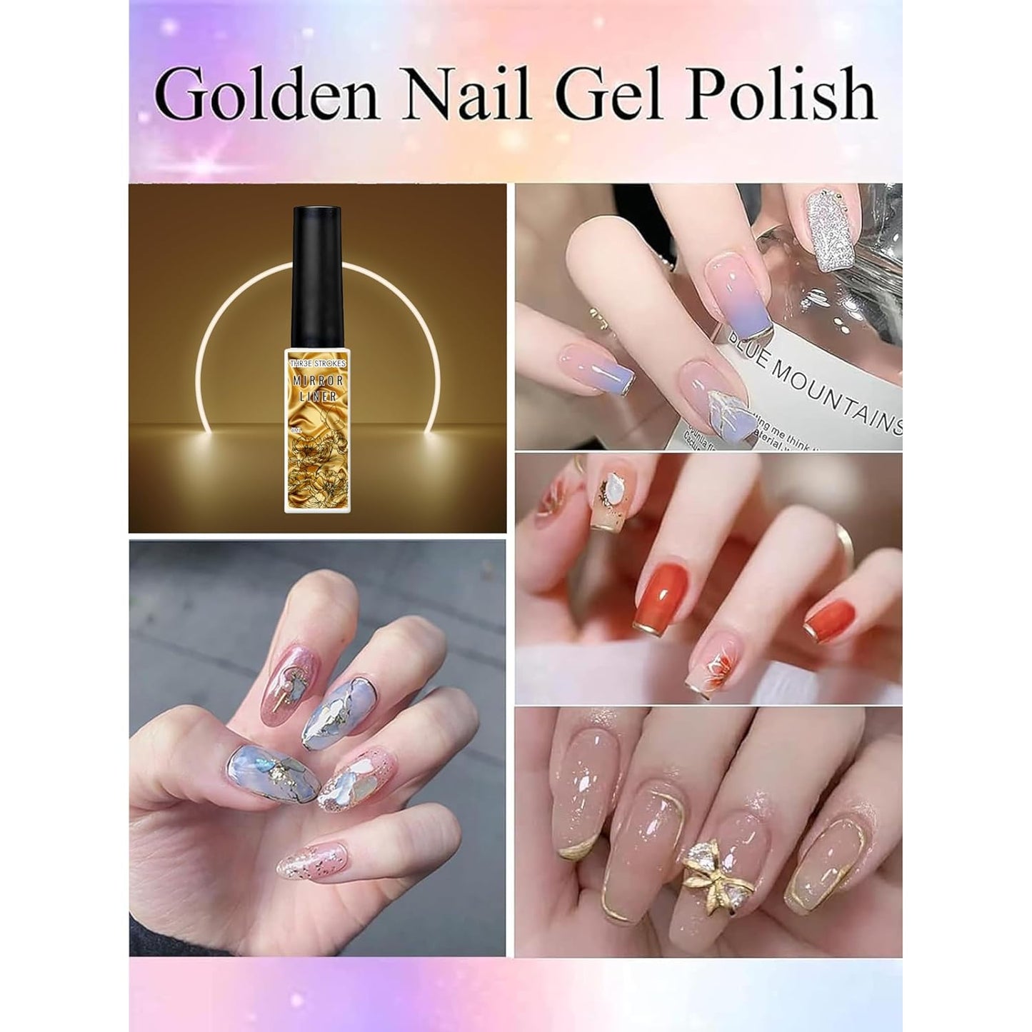 THR3E STROKES Metallic Gel Nail Polish, 3D Gold Silver Rose Gold Gel Nail Art, Nail Art Painting Liner Gel for Home Salon Nail Painting Drawing Gel Nail Design (Need UV Light) (SET OF 3)