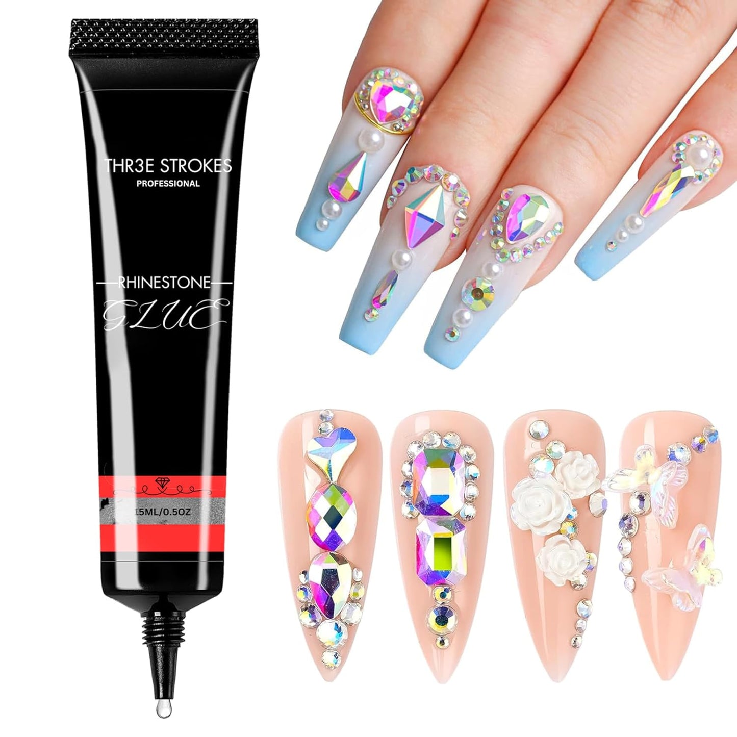 THR3E STROKES Nail Rhinestone Glue for Nails, Super Strong Gel Nail Glue for Nail Charm 3D Nails Bling Gel for Decoration Gem Nail Art Jewel Diamonds 15ML Cured Need Beauty Gift (UV REQUIRED)