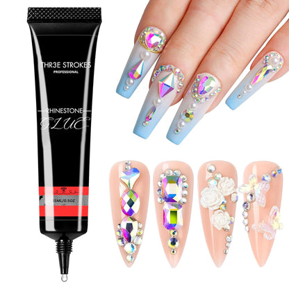 THR3E STROKES Nail Rhinestone Glue for Nails, Super Strong Gel Nail Glue for Nail Charm 3D Nails Bling Gel for Decoration Gem Nail Art Jewel Diamonds 15ML Cured Need Beauty Gift (UV REQUIRED)