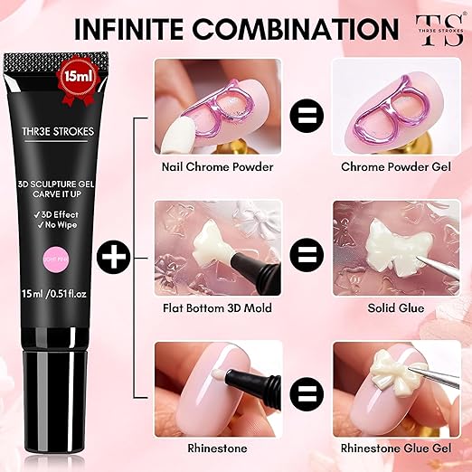 THR3E STROKES Clear 3D Sculpting Gel Nail Glue - 15g for DIY Nail Art