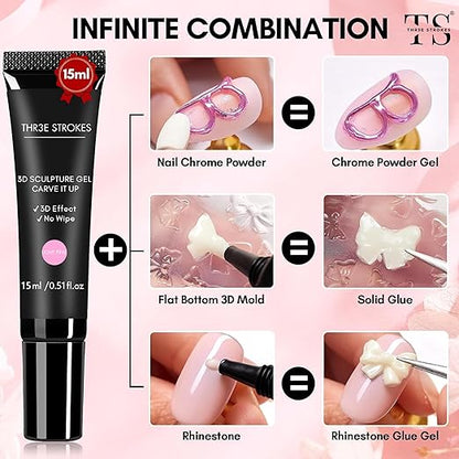 THR3E STROKES Clear 3D Sculpting Gel Nail Glue - 15g for DIY Nail Art