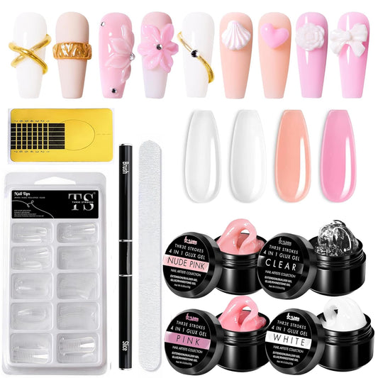 Solid Builder Nail Gel Kit 4 Colors Solid Builder Nail Extension Gel, 2 in 1 Pen Brush, 100pcs Clear Nail Molds