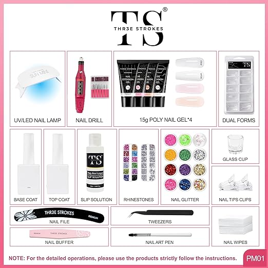 THR3E STROKES Poly Nail Gel Kit: 15ml x 4 with UV+LED Lamp