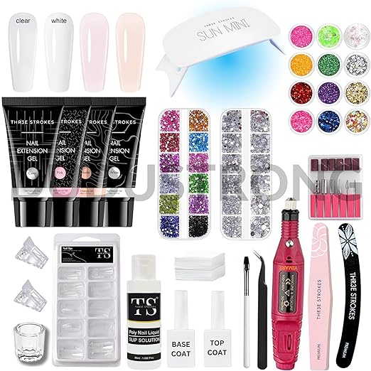 THR3E STROKES Poly Nail Gel Kit: 15ml x 4 with UV+LED Lamp