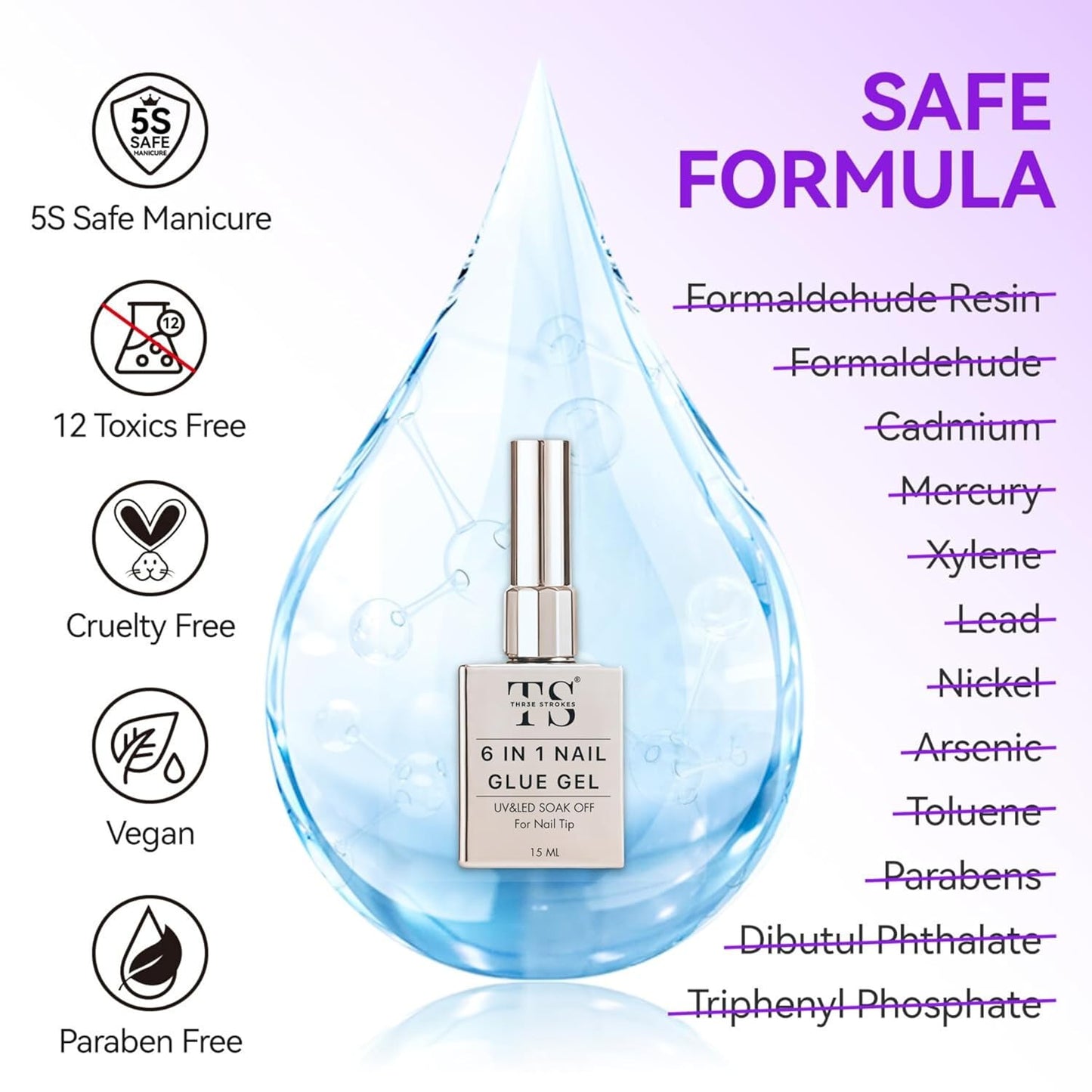 THR3E STROKES Gel Nail Glue UV - 6 in 1 Gel Glue for Nail Tips