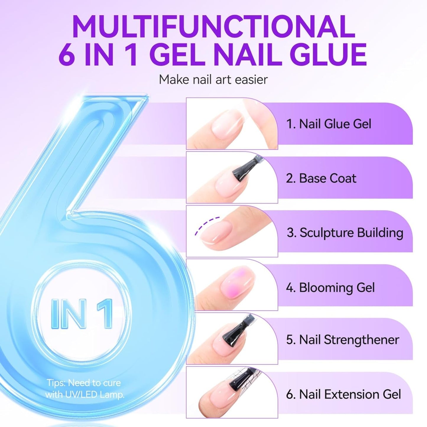 THR3E STROKES Gel Nail Glue UV - 6 in 1 Gel Glue for Nail Tips