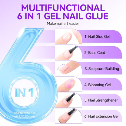 THR3E STROKES Gel Nail Glue UV - 6 in 1 Gel Glue for Nail Tips