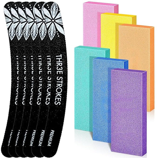 THRR3E STROKES Nail Files and Buffers Set with 6PCS Rectangular Nail Buffers and 6PCS White 100/180 Grit Nail Files
